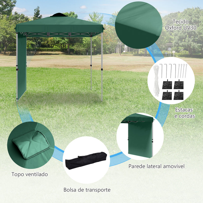 Tenda Dobrável 2,5x2,5 m Altura Ajustável Tenda de Jardim com 1 Parede Lateral Teto com Ventilação e Bolsa de Transporte para Acampamento Festas Verde