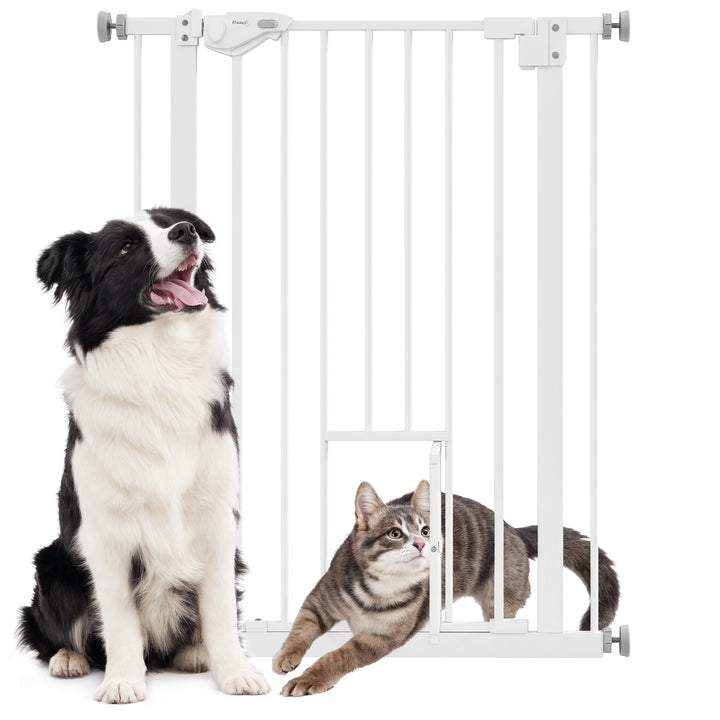 Barreira de Segurança para Cães Animais de Estimação 74-100cm para Escadas Portas e Corredores com Porta para Gatos Fechamento Automático e Sistema de Duplo Bloqueio Altura 91,4cm Branco