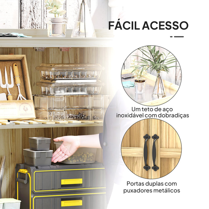 Armário de Exterior em Madeira Caseta de Jardim com Tampo Basculante em Aço Inoxidável Prateleira 2 Portas Armário de Jardim para Armazenamento de Ferramentas 74x43x88 cm Madeira