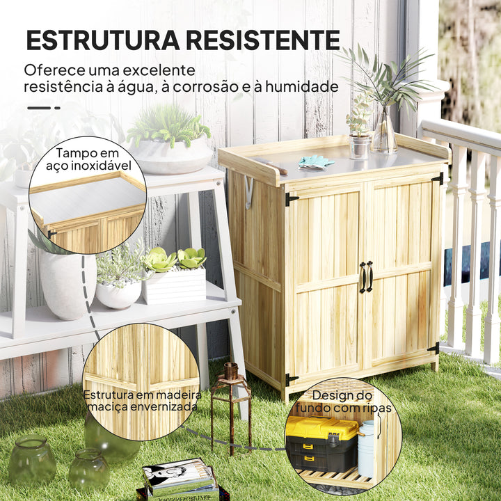 Armário de Exterior em Madeira Caseta de Jardim com Tampo Basculante em Aço Inoxidável Prateleira 2 Portas Armário de Jardim para Armazenamento de Ferramentas 74x43x88 cm Madeira