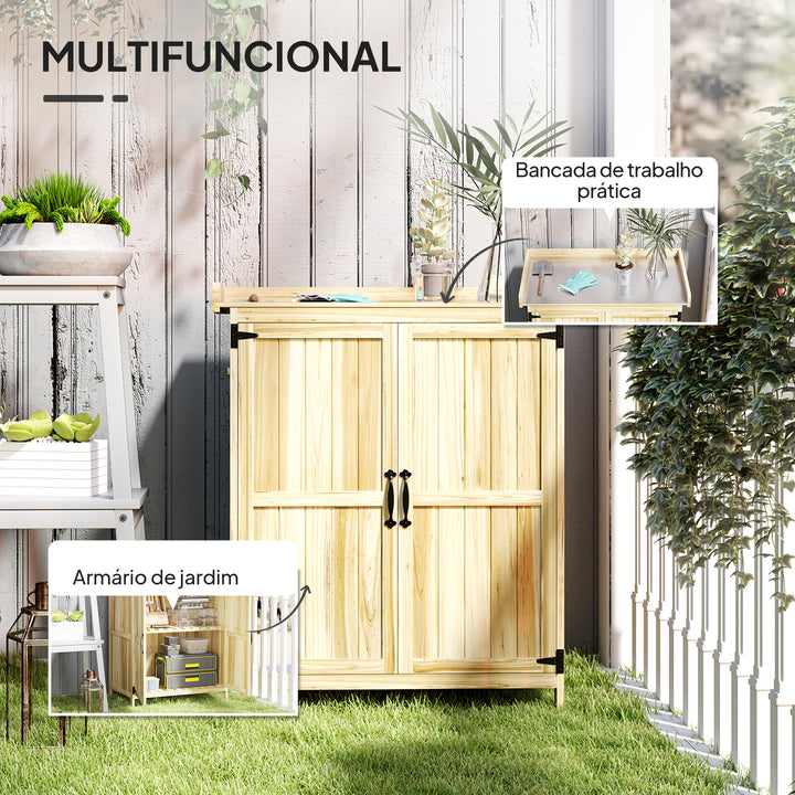 Armário de Exterior em Madeira Caseta de Jardim com Tampo Basculante em Aço Inoxidável Prateleira 2 Portas Armário de Jardim para Armazenamento de Ferramentas 74x43x88 cm Madeira