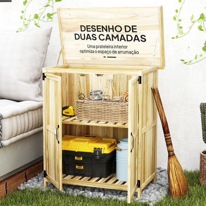 Armário de Exterior em Madeira Caseta de Jardim com Tampo Basculante em Aço Inoxidável Prateleira 2 Portas Armário de Jardim para Armazenamento de Ferramentas 74x43x88 cm Madeira