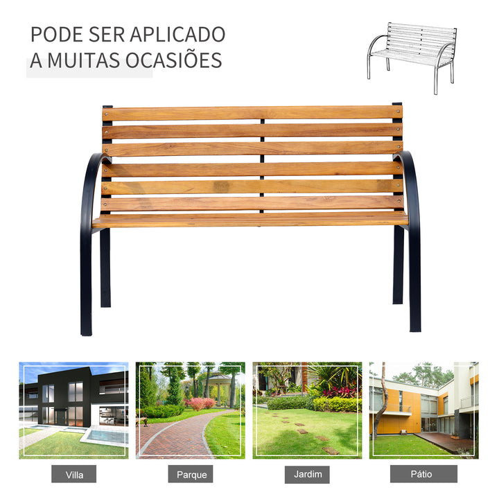 Banco de jardim 2 lugares com encosto e apoios de braços Ripas de madeira e estrutura de aço Carga 230 kg 122x60x80 cm Cor natural e preto