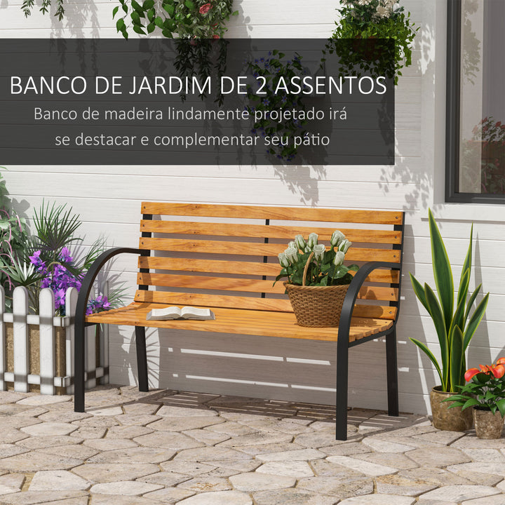 Banco de jardim 2 lugares com encosto e apoios de braços Ripas de madeira e estrutura de aço Carga 230 kg 122x60x80 cm Cor natural e preto