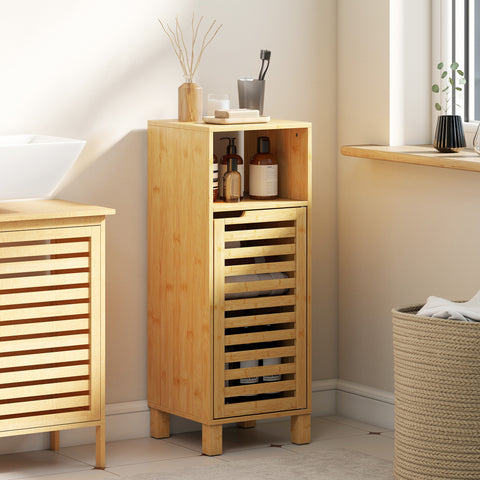 Armário de Casa de Banho Estreito Móvel Auxiliar de Casa de Banho com Porta de Ripas Prateleira Aberta Prateleira Ajustável para Espaços Pequenos 60x30x108 cm Madeira