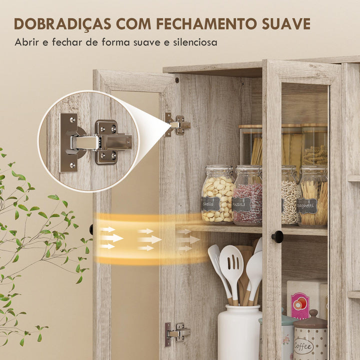 Armário de Cozinha Móvel Auxiliar de Cozinha com Prateleiras Abertas e 4 Portas de Vidro com Fecho Suave Prateleiras Ajustáveis para Sala de Jantar Sala de Estar 90x35x172 cm Cinza Claro