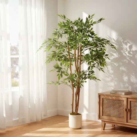 Ficus Artificial 150 cm com Tronco Natural Planta Artificial Realista para Interior com Vaso Decoração para Casa Sala, Escritório 65x65x150 cm Verde