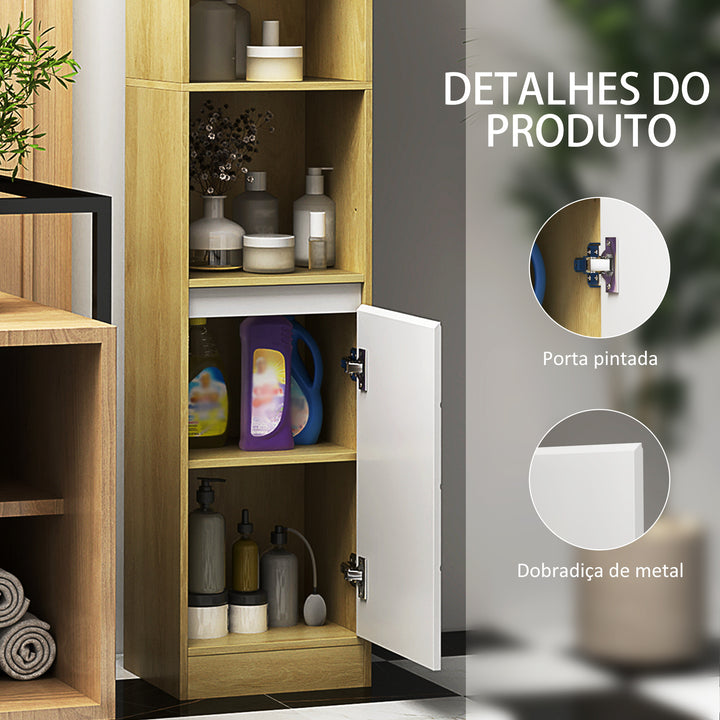 Coluna Casa de Banho com 2 Prateleiras Abertas Armário Alto para Casa de Banho com Armário Fechado e Prateleiras 30x24x170 cm Madeira e Branco