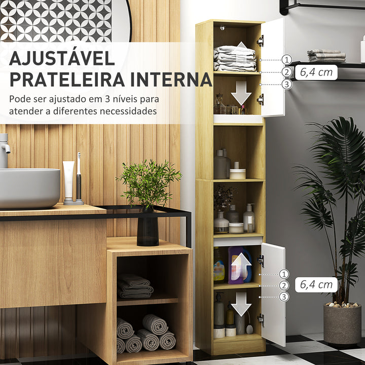 Coluna Casa de Banho com 2 Prateleiras Abertas Armário Alto para Casa de Banho com Armário Fechado e Prateleiras 30x24x170 cm Madeira e Branco