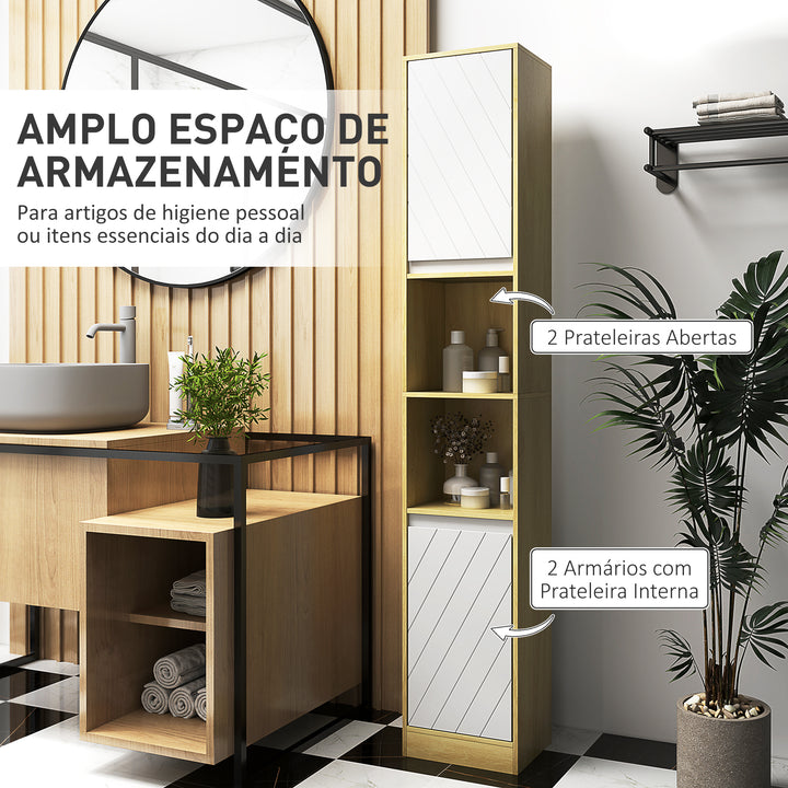 Coluna Casa de Banho com 2 Prateleiras Abertas Armário Alto para Casa de Banho com Armário Fechado e Prateleiras 30x24x170 cm Madeira e Branco