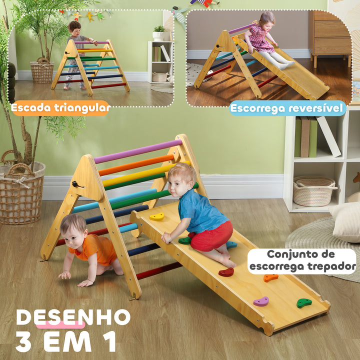 Triângulo de Escalada de Madeira 2 em 1 Escalada para Crianças de 18-48 Meses com Rampa para Deslizar ou Escalar 147x64,5x63 cm Multicor