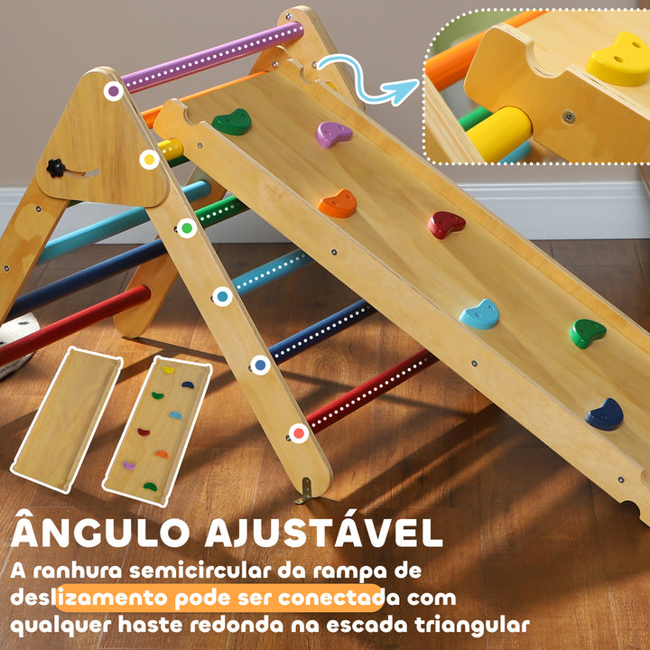 Triângulo de Escalada de Madeira 2 em 1 Escalada para Crianças de 18-48 Meses com Rampa para Deslizar ou Escalar 147x64,5x63 cm Multicor