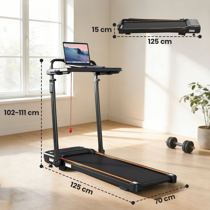 Passadeira Dobrável 2 em 1, Caminhadora Elétrica 1-12 KM/H 2.5HP com Secretária Removível e Guiador Ajustável em Altura, Ecrã LED e Suporte para Telemóvel, para Casa e Escritório