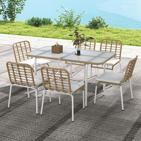 Conjunto de Refeição de Vime Sintético Jogo de Móveis de Exterior de 7 Peças Inclui 6 Cadeiras Empilháveis com Almofadas e Mesa de Vidro Natural