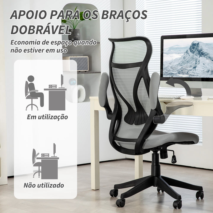 Cadeira de Escritório em Malha Cadeira de Escritório Giratória com Altura Ajustável Apoio para os Braços Dobráveis e Função Basculante Cadeira para Estúdio Carga 120 kg 66x66x113-121 cm Cinza