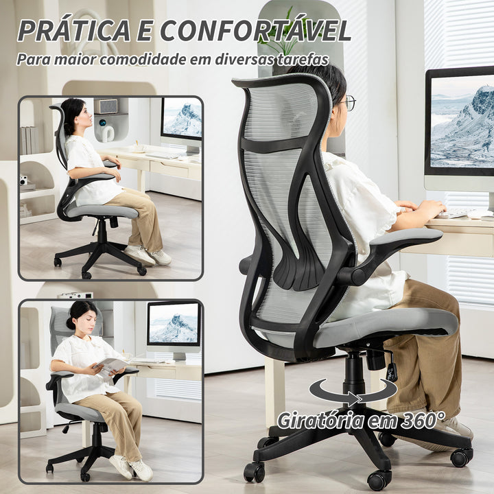 Cadeira de Escritório em Malha Cadeira de Escritório Giratória com Altura Ajustável Apoio para os Braços Dobráveis e Função Basculante Cadeira para Estúdio Carga 120 kg 66x66x113-121 cm Cinza