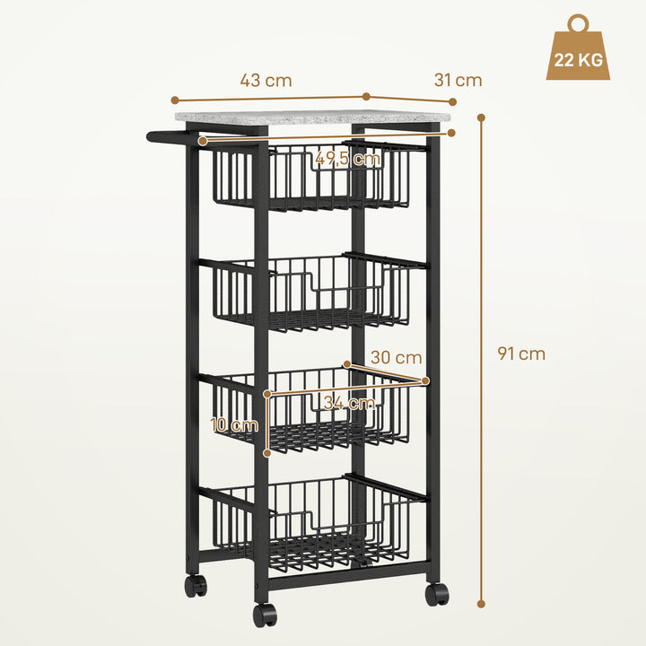 Fruteira para Cozinha Carrinho de Cozinha com 4 Cestas e Estrutura de Aço Carrinho Auxiliar com Rodas para Sala de Jantar 49,5x31x91 cm Cinza Claro
