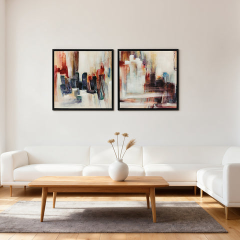 Quadros em Tela Abstractos à Mão 40x40 cm 2 Peças Quadros de Arte de Parede Emoldurados Textura Elegante Decoração Moderna para Quarto Sala Cozinha Multicolor