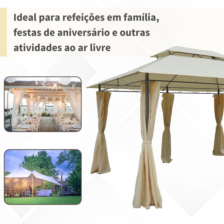 Pérgola de jardim 3x4 m estrutura de aço telhado Duplo 6 Cortinas Laterais 8 Orifícios de Drenagem Boa Ventilação para Festas Eventos Creme