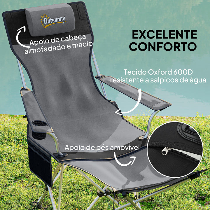Conjunto de 2 Cadeiras Dobráveis Campismo Portáteis com Apoio para os Pés Desmontável Apoio para a Cabeça Porta-Copos e Bolsa Lateral Carga 120 kg para Jardim Praia Pesca 50-100x82x88 cm Cinza e Preto