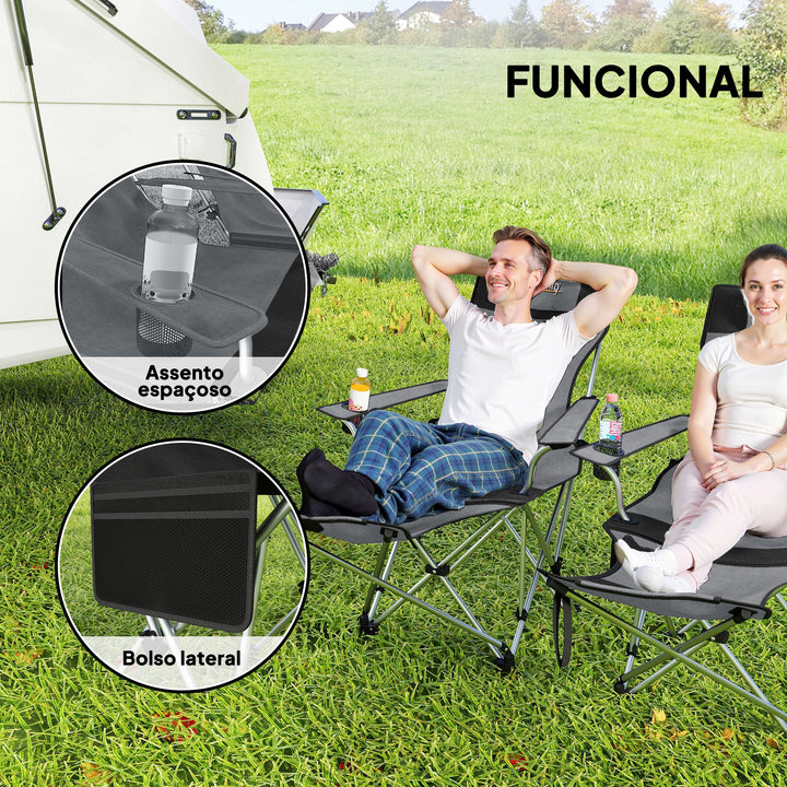 Conjunto de 2 Cadeiras Dobráveis Campismo Portáteis com Apoio para os Pés Desmontável Apoio para a Cabeça Porta-Copos e Bolsa Lateral Carga 120 kg para Jardim Praia Pesca 50-100x82x88 cm Cinza e Preto