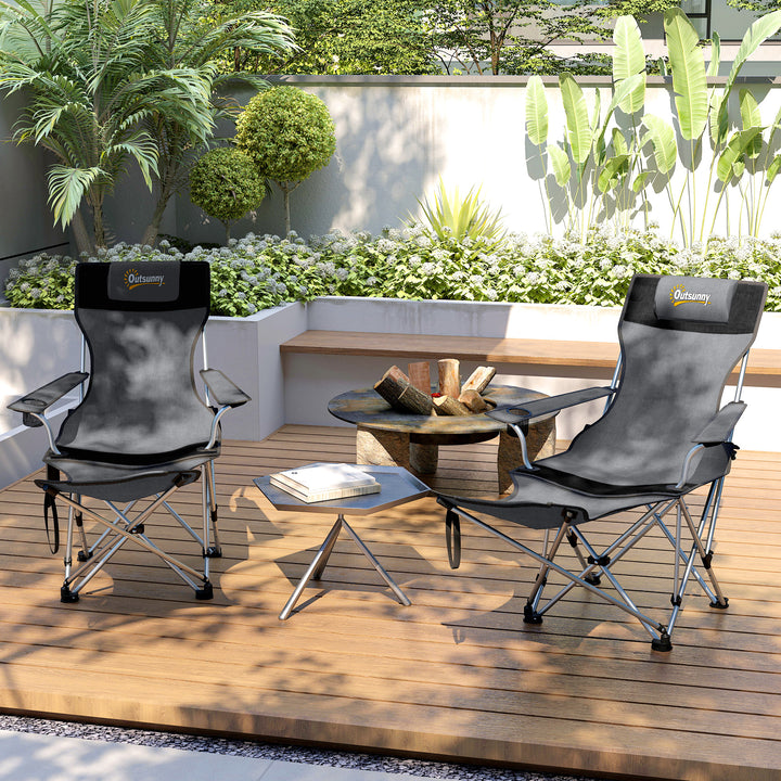 Conjunto de 2 Cadeiras Dobráveis Campismo Portáteis com Apoio para os Pés Desmontável Apoio para a Cabeça Porta-Copos e Bolsa Lateral Carga 120 kg para Jardim Praia Pesca 50-100x82x88 cm Cinza e Preto