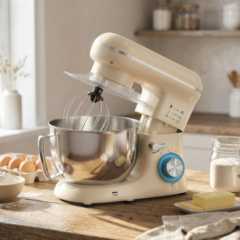 Batedeira Planetária 4,5L, Batedeira de Pão 1300W, 6 Velocidades, Taça de Aço Inoxidável, Batedor, Gancho, Varas, Protetor Antissalpicos, Bege