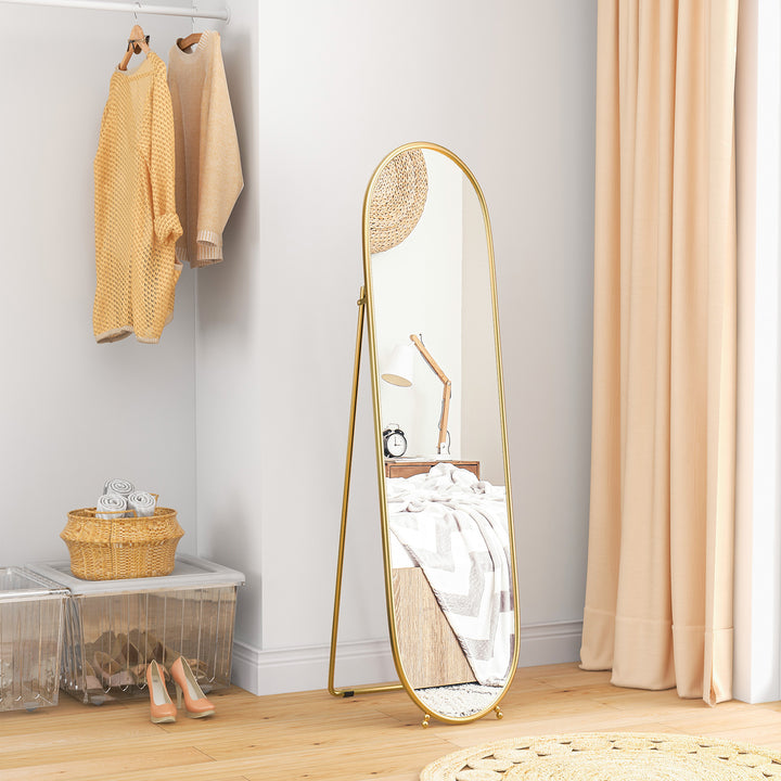Espelho de Pé 160x40 cm Espelho de Corpo Inteiro com Moldura Metálica Espelho de Parede Oval com Suporte e 2 Formas de Utilização para Sala de Estar Entrada e Quarto Dourado