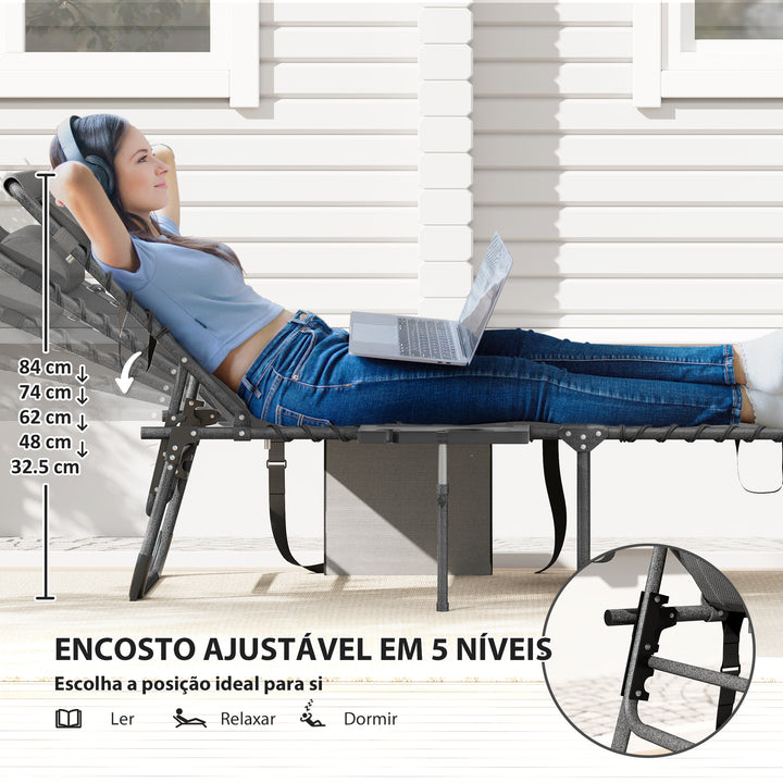 Espreguiçadeira Dobrável Espreguiçadeira Jardim com Encosto Ajustável Apoio de Cabeça Bolsa Lateral Bandeja e Estrutura de Aço Carga 120 kg para Terraço Piscina Praia 190x60x31 cm Cinza