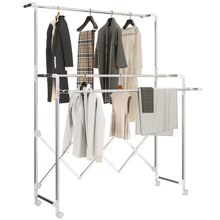 Estendal Vertical Dobrável de 3 Níveis Estendal de Aço Inoxidável com 3 Barras Ajustáveis e Extensíveis 4 Rodas para Interior 104-150x103x145-197 cm Prateado