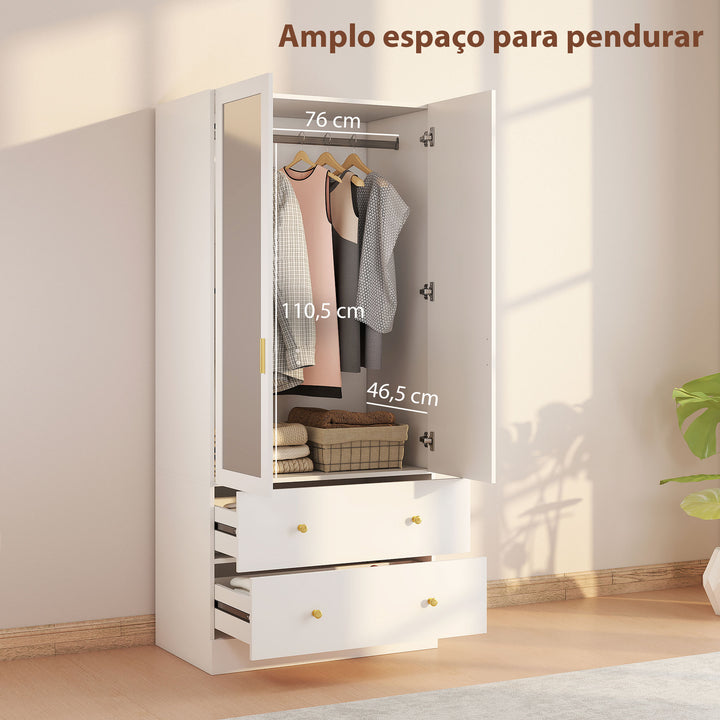 Roupeiro com 2 Portas e 2 Gavetas Armário Roupeiro com Espelho Barra para Pendurar Estilo Moderno 80x50x180 cm Branco