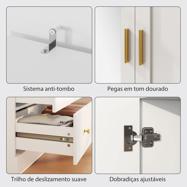 Roupeiro com 2 Portas e 2 Gavetas Armário Roupeiro com Espelho Barra para Pendurar Estilo Moderno 80x50x180 cm Branco