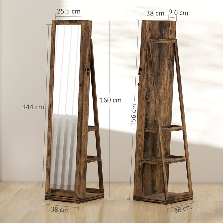 Joalheiro de Pé Armário para Jóias 360° Organizador de Jóias com Fechadura e Espelho Incorporado Carga Máxima 20 kg 38x38x160 cm Marrom Rústico