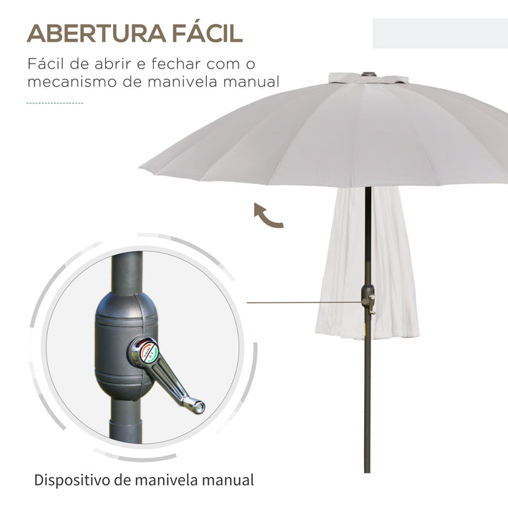 Chapéu de Sol de Jardim Ø2,5x2,4 m Chapéu de Sol de Terraço com Manivela Manual Mastro Flexível Impermeável e 18 Varas para Exterior Cinza