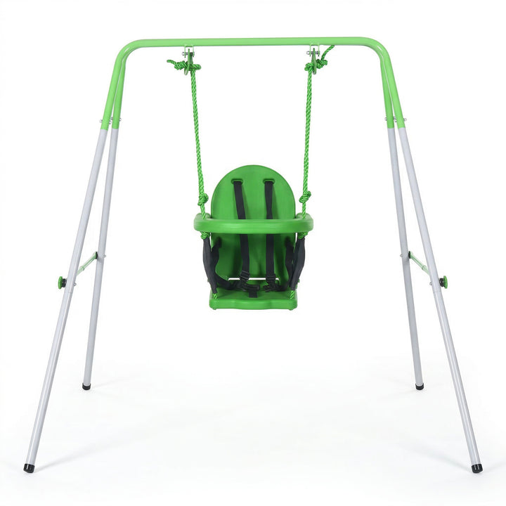 Baloiço Infantil de Aço Baloiço para Crianças de 6-36 Meses com Encosto Alto e Arnês de Segurança para Interior e Exterior Carga Máxima 25 kg 122x146x122 cm Verde