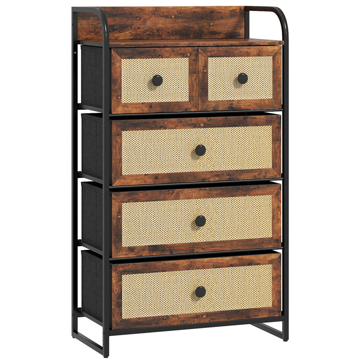 Cómoda de Tecido Cómoda para Dormitório com 5 Gavetas com Frente em Vime Prateleira e Estrutura em Aço para Sala de Estar 58x29x99 cm Marrom Rústico