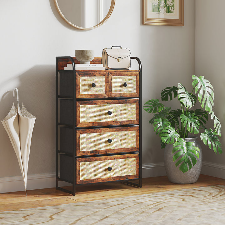 Cómoda de Tecido Cómoda para Dormitório com 5 Gavetas com Frente em Vime Prateleira e Estrutura em Aço para Sala de Estar 58x29x99 cm Marrom Rústico