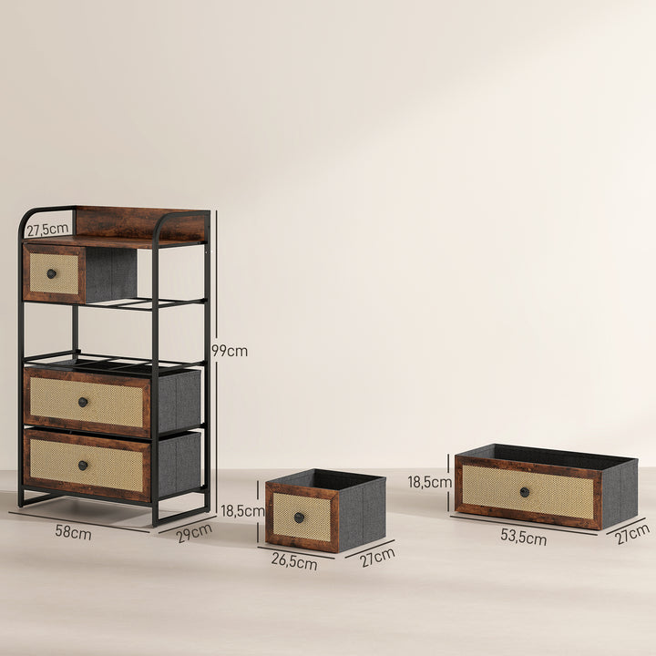 Cómoda de Tecido Cómoda para Dormitório com 5 Gavetas com Frente em Vime Prateleira e Estrutura em Aço para Sala de Estar 58x29x99 cm Marrom Rústico
