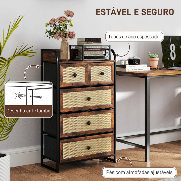 Cómoda de Tecido Cómoda para Dormitório com 5 Gavetas com Frente em Vime Prateleira e Estrutura em Aço para Sala de Estar 58x29x99 cm Marrom Rústico