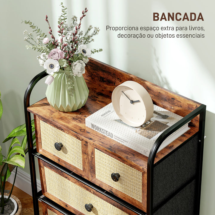 Cómoda de Tecido Cómoda para Dormitório com 5 Gavetas com Frente em Vime Prateleira e Estrutura em Aço para Sala de Estar 58x29x99 cm Marrom Rústico