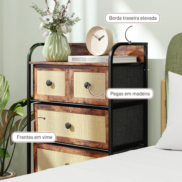 Cómoda de Tecido Cómoda para Dormitório com 5 Gavetas com Frente em Vime Prateleira e Estrutura em Aço para Sala de Estar 58x29x99 cm Marrom Rústico