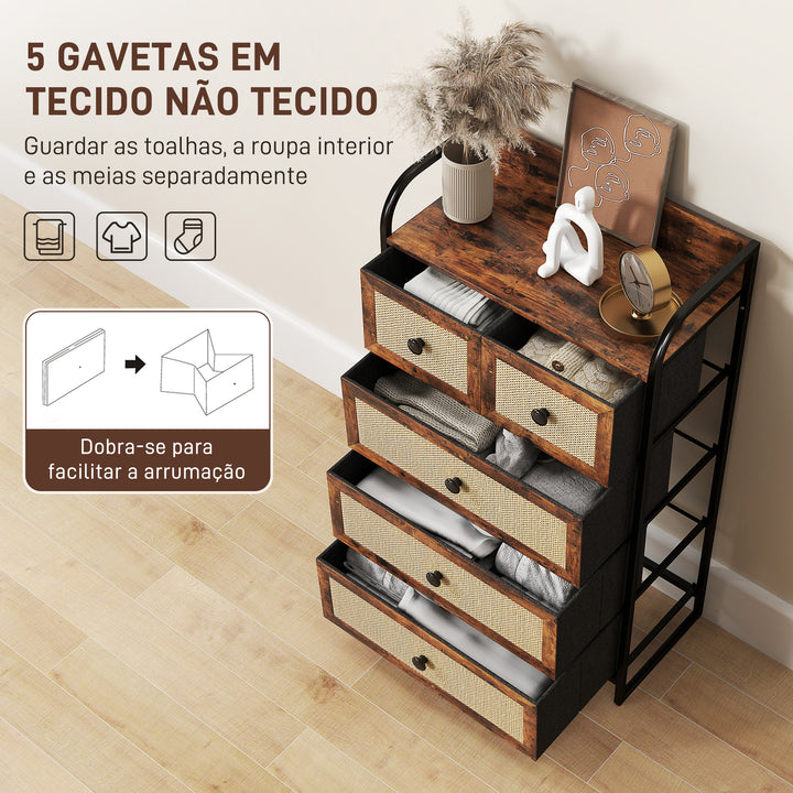 Cómoda de Tecido Cómoda para Dormitório com 5 Gavetas com Frente em Vime Prateleira e Estrutura em Aço para Sala de Estar 58x29x99 cm Marrom Rústico