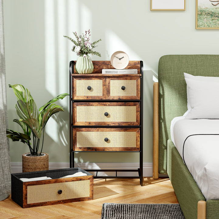 Cómoda de Tecido Cómoda para Dormitório com 5 Gavetas com Frente em Vime Prateleira e Estrutura em Aço para Sala de Estar 58x29x99 cm Marrom Rústico