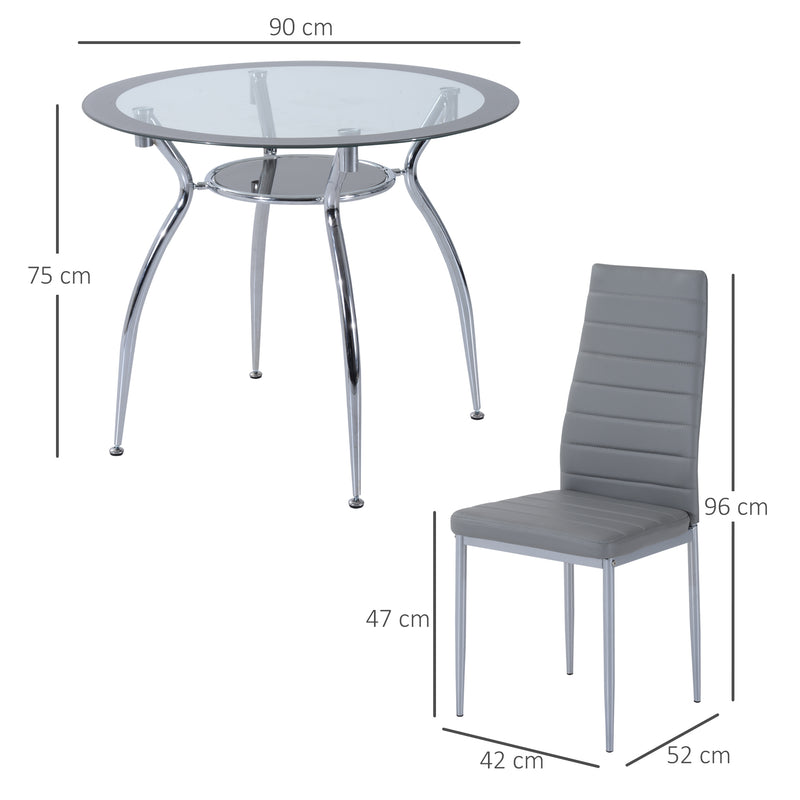 Conjunto de Refeição Mesa e 4 Cadeiras Conjunto de 5 Peças Mesa Redonda de Vidro Temperado Ø90x75 cm e 4 Cadeiras 42x52x96 cm com Pés de Aço Carga Máxima 120 kg Cinza