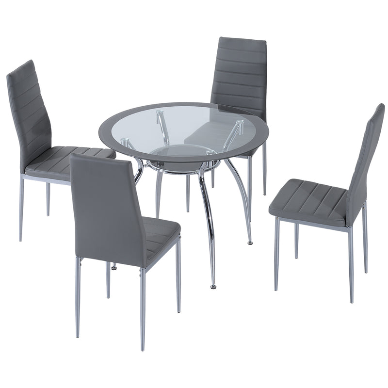 Conjunto de Refeição Mesa e 4 Cadeiras Conjunto de 5 Peças Mesa Redonda de Vidro Temperado Ø90x75 cm e 4 Cadeiras 42x52x96 cm com Pés de Aço Carga Máxima 120 kg Cinza