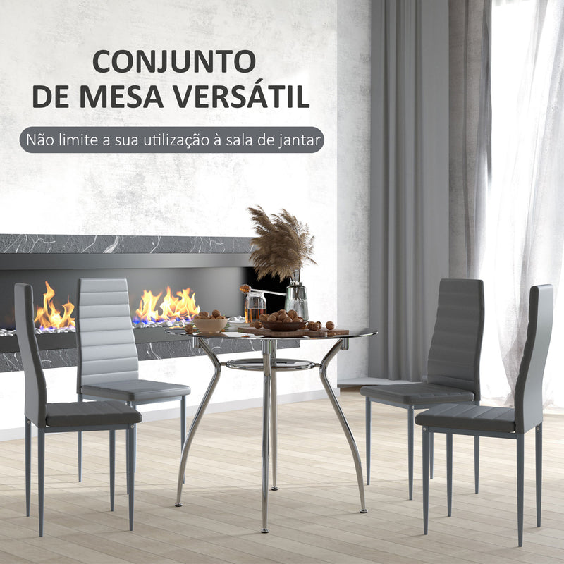 Conjunto de Refeição Mesa e 4 Cadeiras Conjunto de 5 Peças Mesa Redonda de Vidro Temperado Ø90x75 cm e 4 Cadeiras 42x52x96 cm com Pés de Aço Carga Máxima 120 kg Cinza