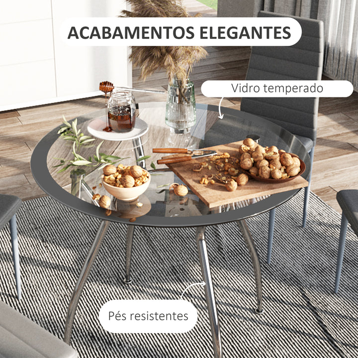 Conjunto de Refeição Mesa e 4 Cadeiras Conjunto de 5 Peças Mesa Redonda de Vidro Temperado Ø90x75 cm e 4 Cadeiras 42x52x96 cm com Pés de Aço Carga Máxima 120 kg Cinza