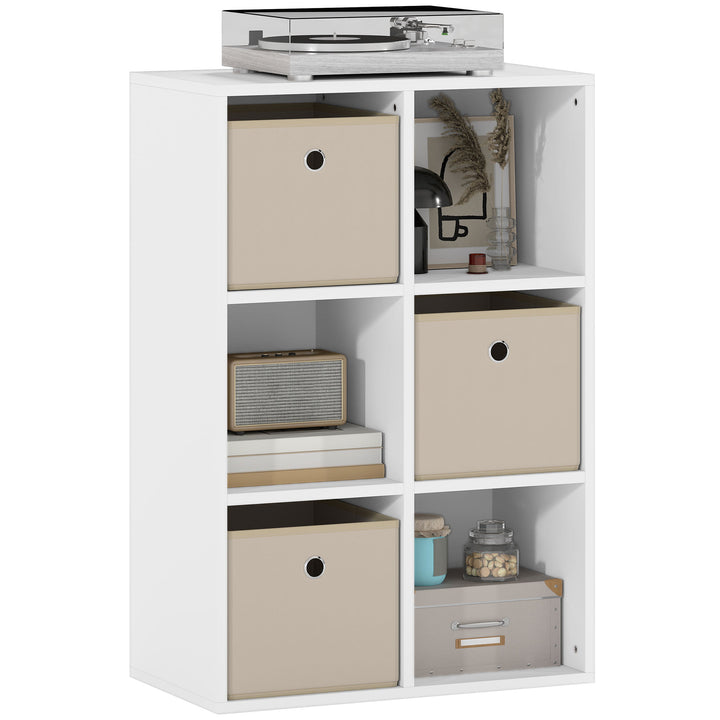 Estante Cubo Moderna Estante de Armazenamento Horizontal ou Vertical com 6 Compartimentos Abertos e 3 Gavetas de Tecido para Sala de Estar Quarto Escritório 53,7x30x79,8 cm Branco e Bege