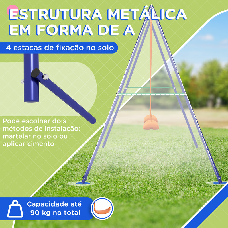 Conjunto de Baloiço Infantil Baloiço para Crianças de 3-8 Anos com 2 Assentos Resistente aos Raios UV e Suporte de Metal Carga 90 kg para Pátio Jardim 269x160x180 cm Multicor