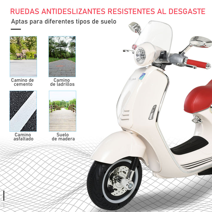 Mota elétrica infantil Vespa para crianças acima de 3 Anos com Faróis Música 2 Rodas Auxiliares 108x49x75 cm Branco